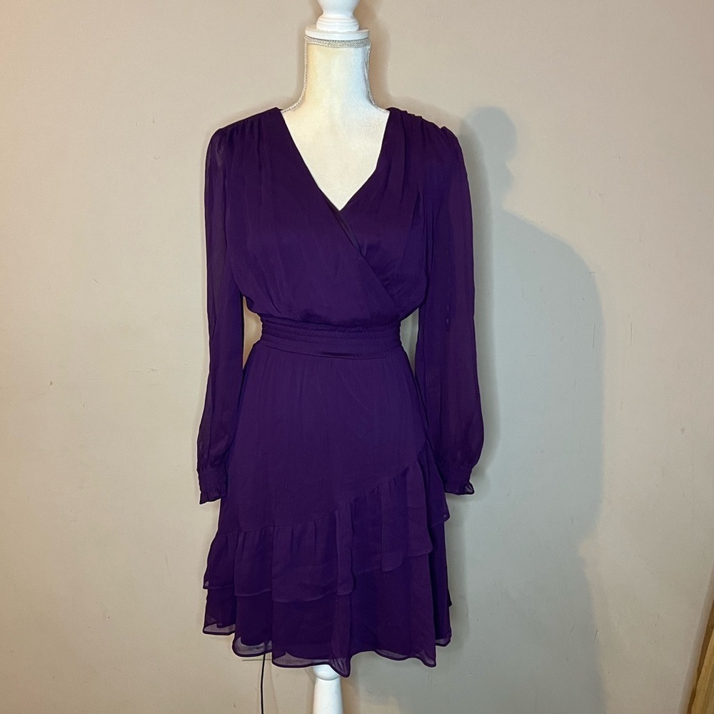 💃🏻DKNY Purple Ruffled Wrap Dress with Bishop Sleeves - Picture 2 of 7